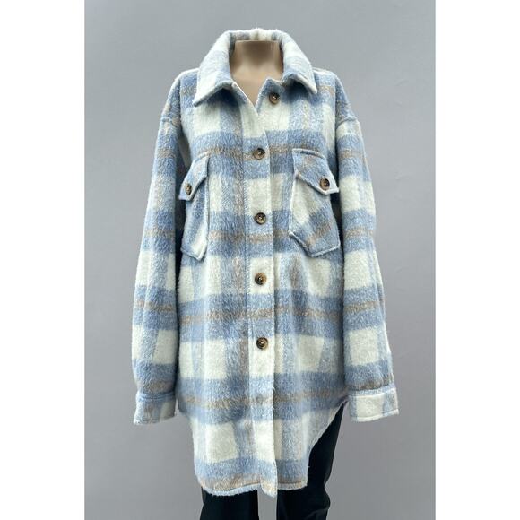 RDI Brushed Plaid Flannel Brushed Oversized Shacket Jacket Blue Women's Size L - Picture 2 of 12